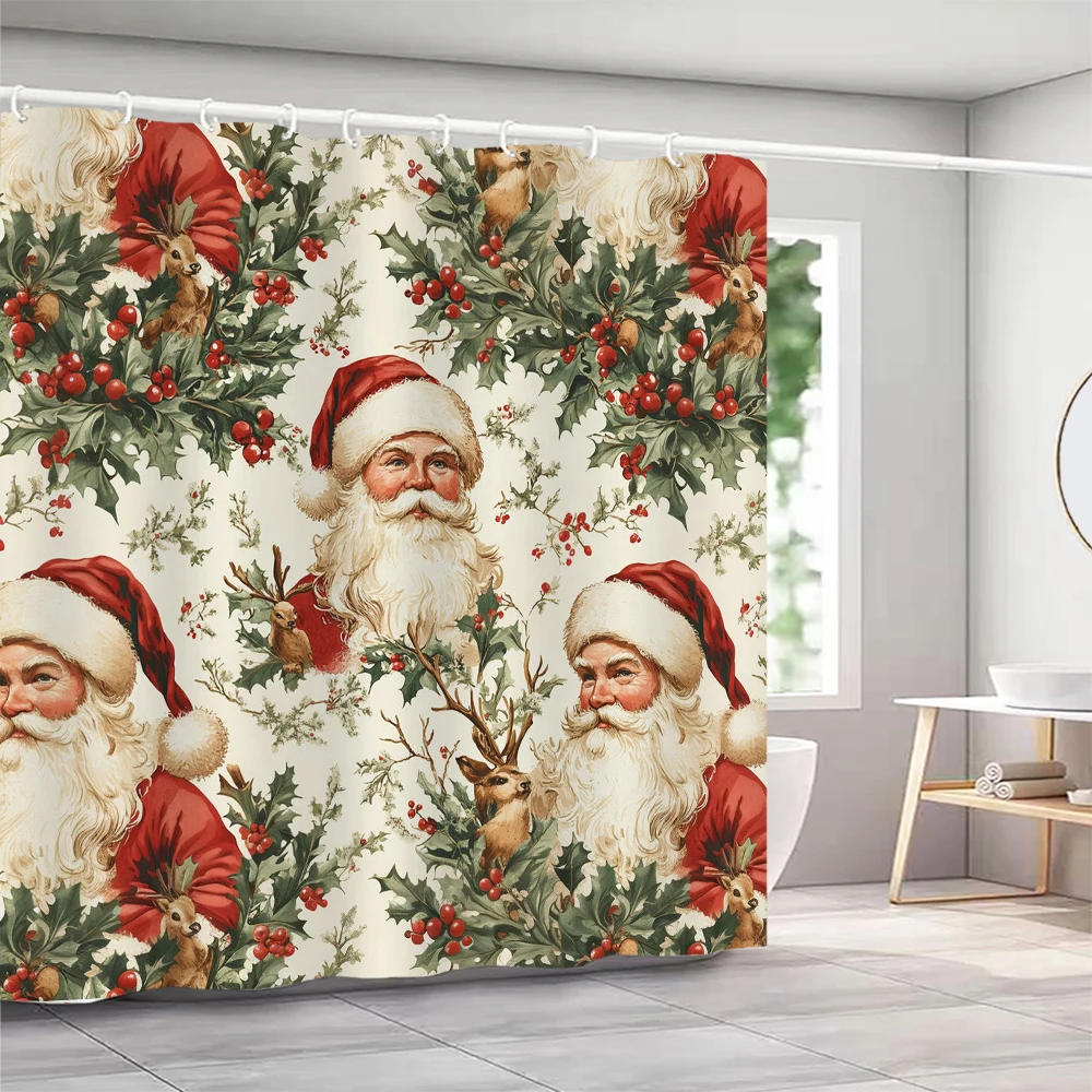 

Cartoon Santa Claus Shower Curtain, Fun Box, Snowflake, Retro, Cute, Winter Bathroom Decorative Shower Curtain, with Hooks