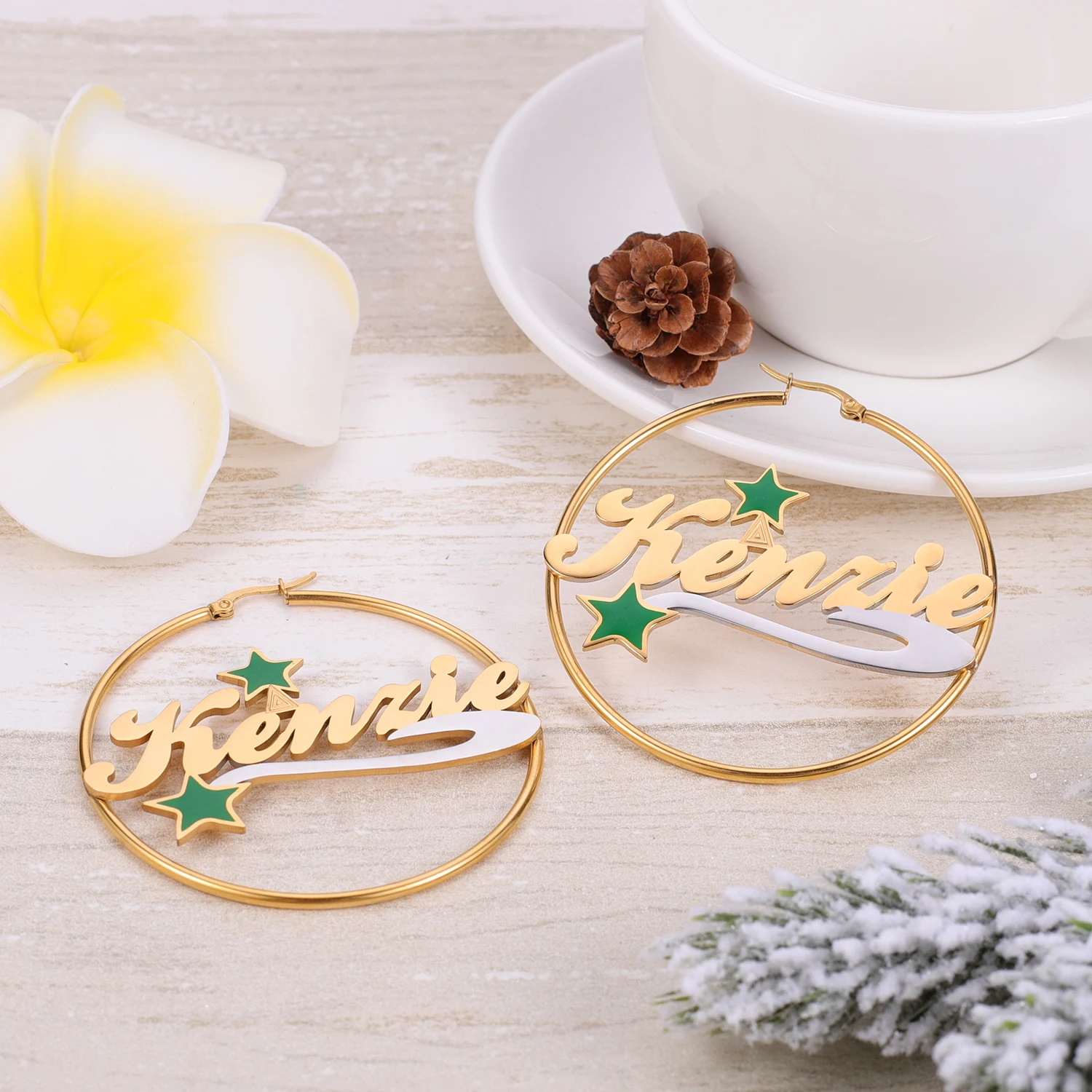 

New Christmas Gifts Customized Earrings Name Two Tone 18K Gold Plated Snowman Personalized Hoop Name Earrings for Women Girls