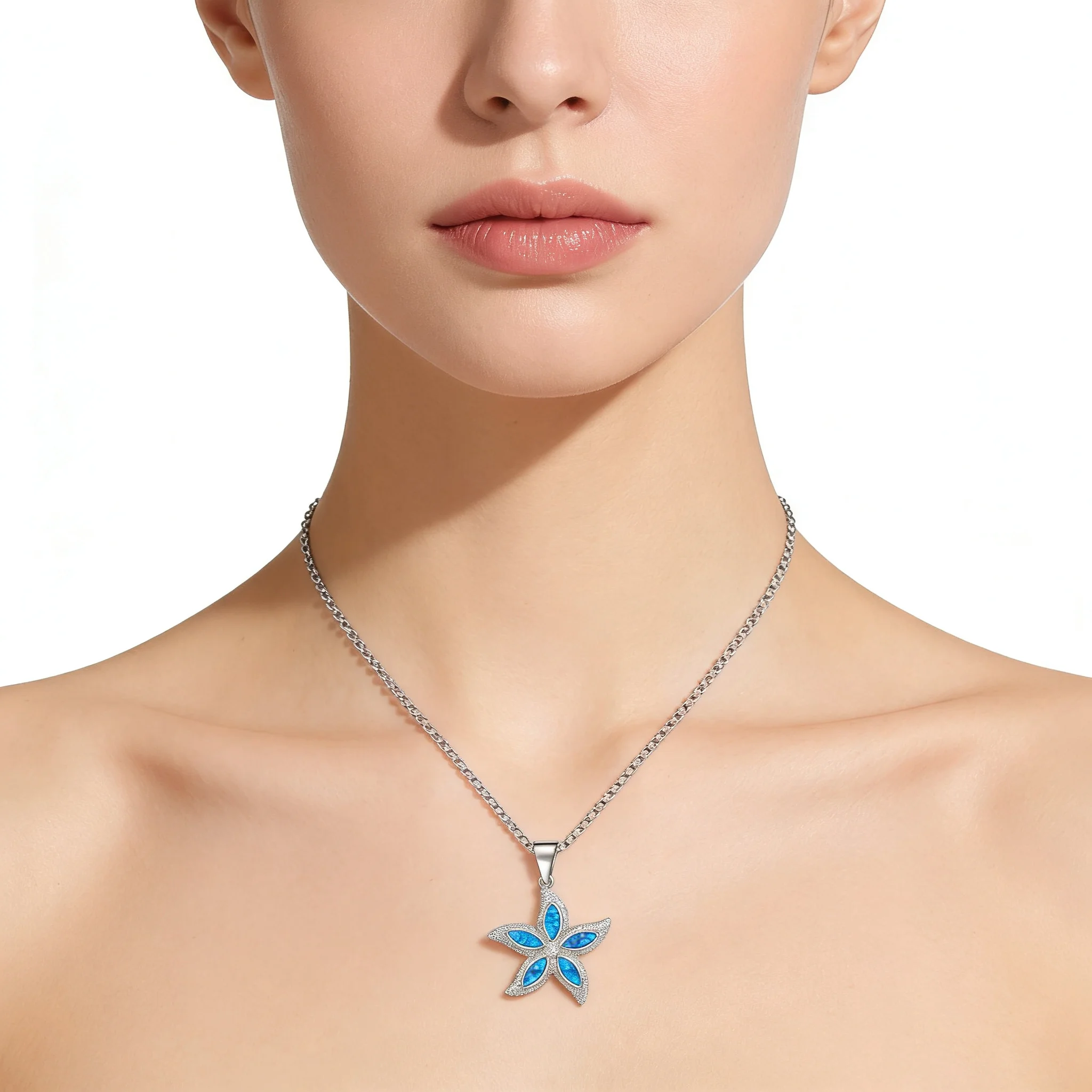 قلادة أنيقة على شكل نجم البحر، فضية مع أوبال أزرق وزركونيا مكعبة، سلسلة هدية مجوهرات المحيط الرائعة قابلة للتعديل للنساء