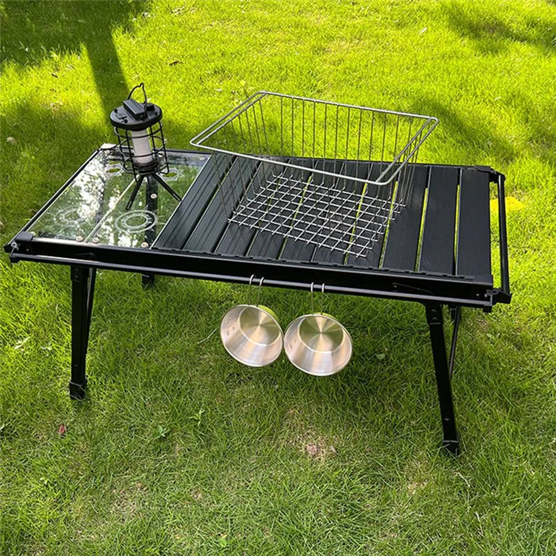 

ABBP-Camping Storage Basket For Table Side Expansion Rack Stainless Steel Drain Basket Multifunctional Folding