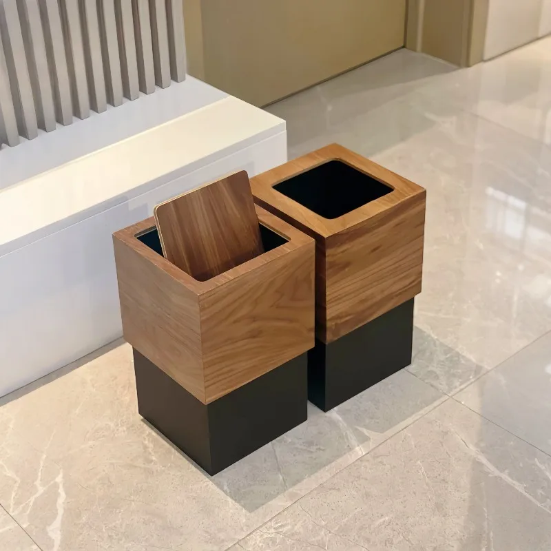 

Trash can household living room light luxury wooden bedroom hotel with cover creative ins