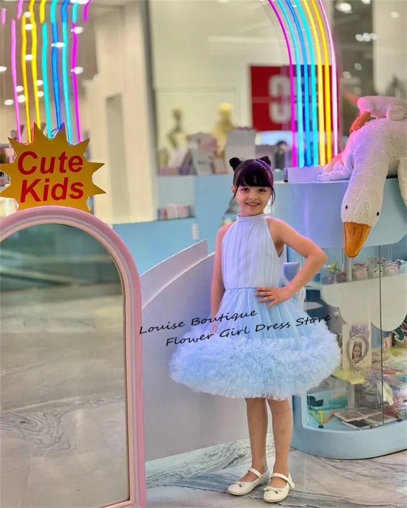 Gaun Anak Perempuan Bunga Biru Bayi Gaun Pesta Pernikahan Tanpa Lengan Wiru Tulle untuk Anak Perempuan Gaun Prom Busur Disesuaikan 2025