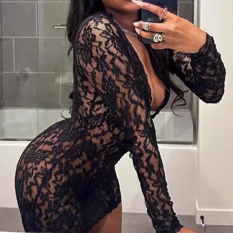 OMSJ Sexy Lace Tight Fit Floral Mini Dress Mid-night Club Fashion See-through Low Cut Neck Wrap Dresses Hottie Girls Y2K Outfits