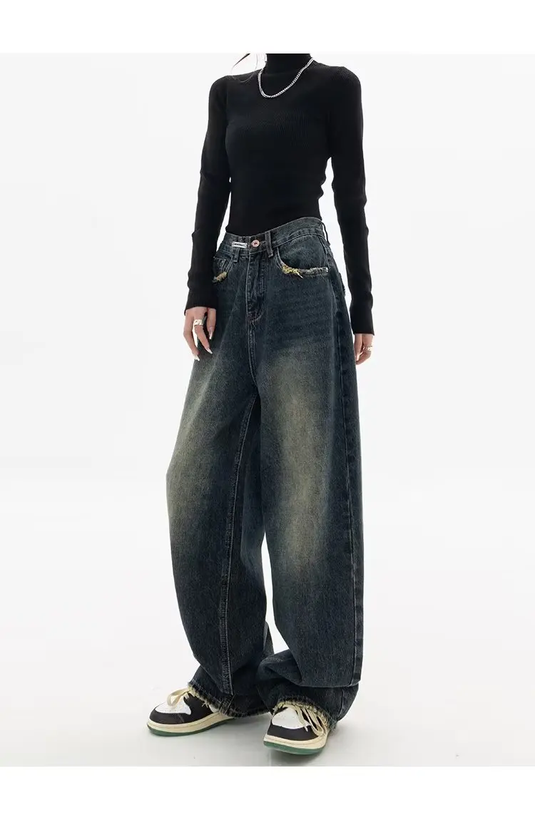 Frühling Herbst weites Bein Jeans Frauen hohe Taille Jeans hose Damen Jeans Harajuku Vintage bf Stil lose Femme Streetwear – Detail 7