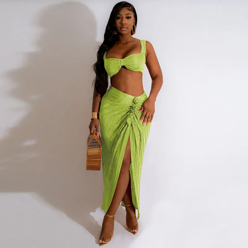 

Sexy Two Piece Skirts Outfits Women 2023 Summer Crop Top and High Split Maxi Dress Sets Pleat Party Beach Vacation Matching Sets