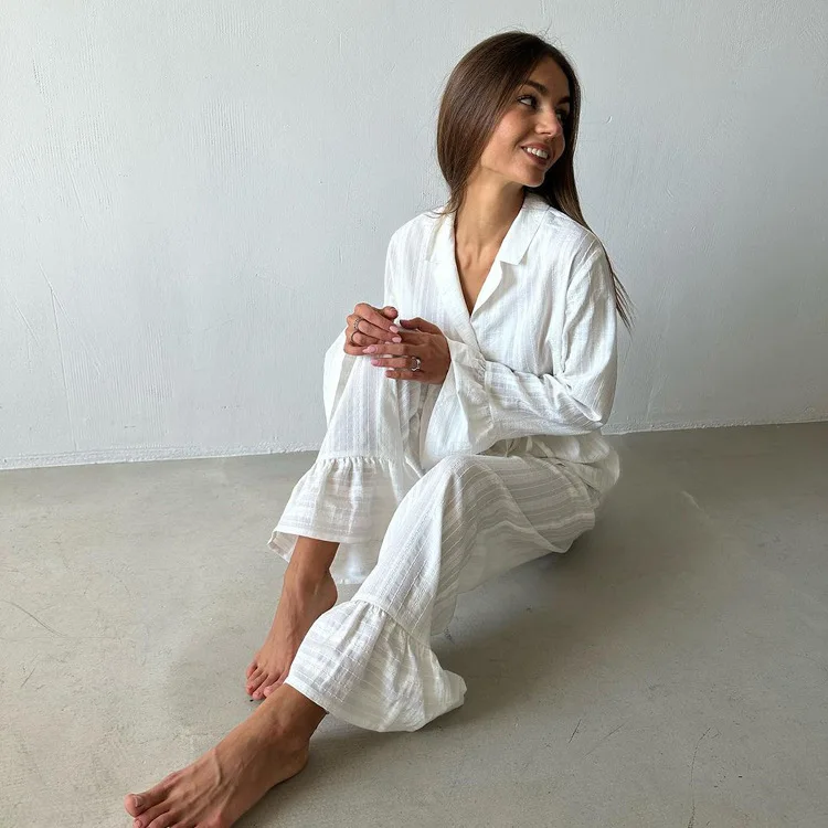 

Casual Pajamas for Women 2 Piece Suit Long Sleeve Nightwear Turn-Down Collar Sleepwear Pants Loose Home Clothes Ladies Nightgown