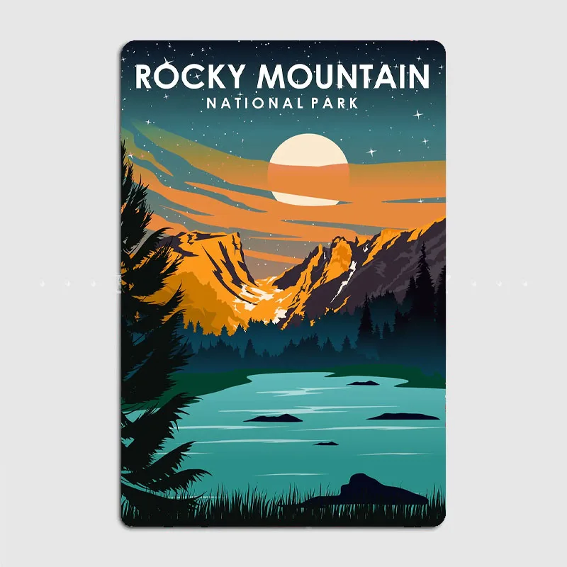 Рокки Гора в ночное время, туристические постеры, ретро металлический плакат, знак, гаражный клуб, бар, домашние настенные постеры, украшение комнаты, домашний декор