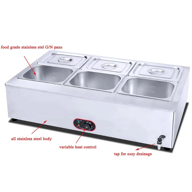 2026 Factory Direct Sales High Quality Commercial Electric Bain Marie Stainless Steel Restaurant Unit 6 Plates Capacity