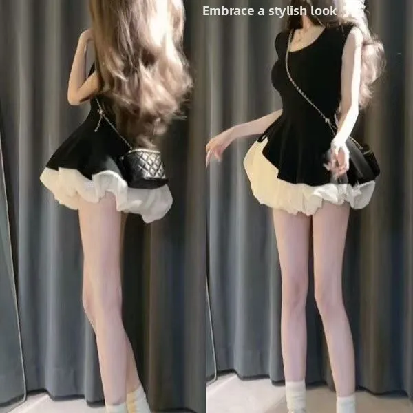 Ele Bla Strapl Puffy ort Dr Damen Sommer Abnehmen Hohe Taille Unregelmäßiger Saum Sweet Sle No Sve Dr