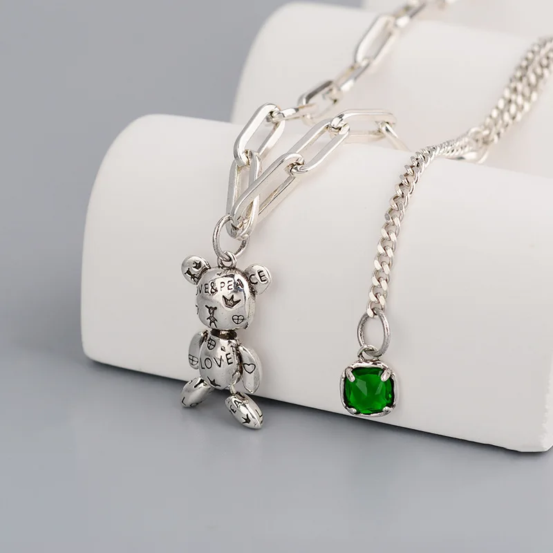 

New Style Sweet Bear Animal 925 Sterling Silver Shiny Green Crystal Female Necklace Jewelry For Women Short Chains No Fade Gifts