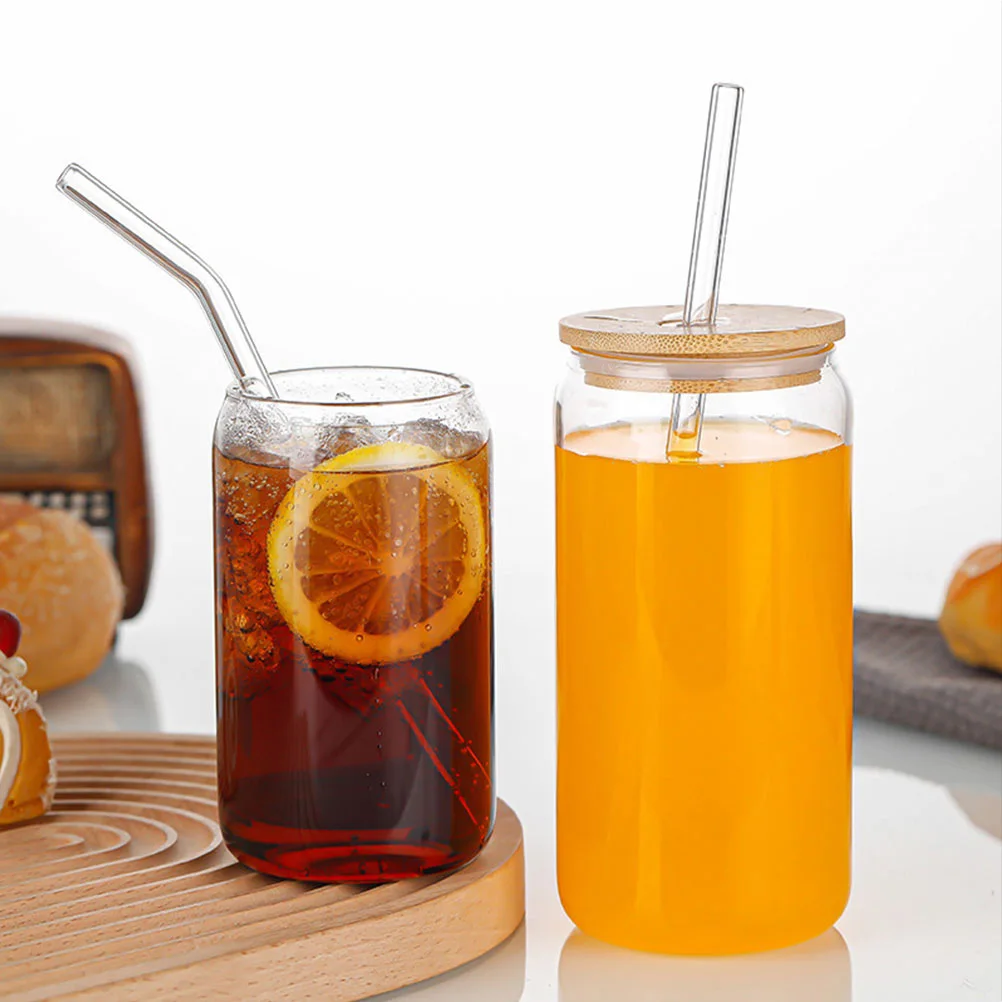 

2 Sets Glass Can Cups Multipurpose Milk Juice Beverage Containers With Lids Heat Resistant Transparent Straw Mugs Cold Drinkware
