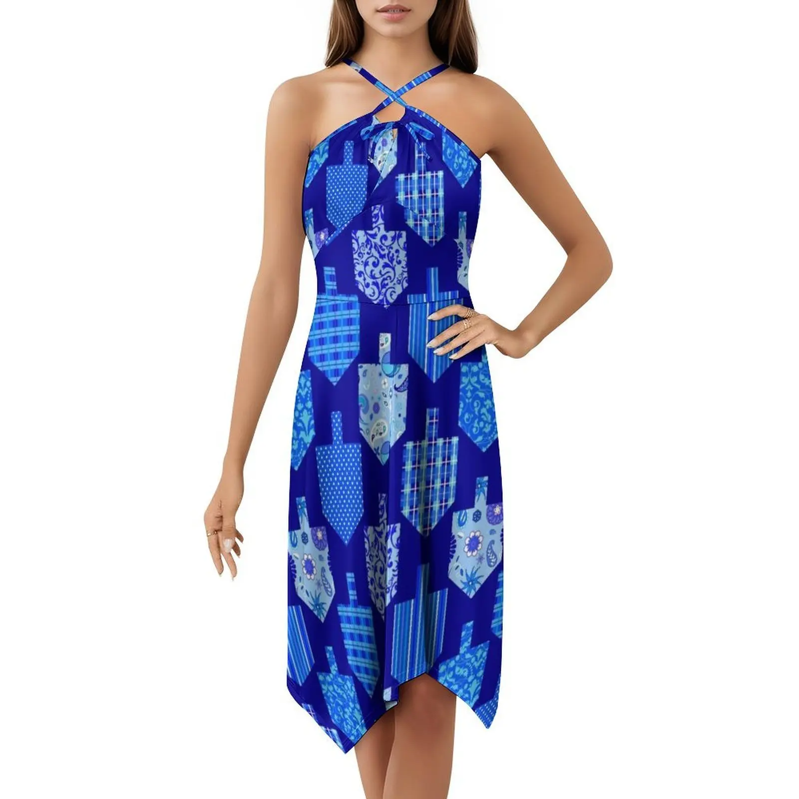 فستان Dreidels مزخرف باللون الأزرق البوهيمي بدون أكمام للنساء مطبوع فساتين حفلات الشاطئ Dreidel Hanukkah Chanukkah أنثى يهودية #5
