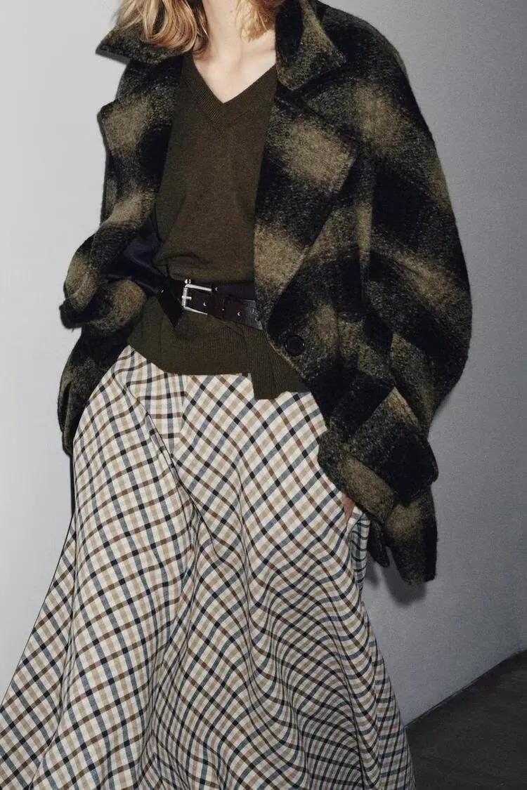 Elegancki płaszcz damski z wełny w kratę z klapami, jednorzędowy, z długim rękawem, z kieszeniami, luźny płaszcz wierzchni, damski płaszcz jesieni do pracy i na ulicę.