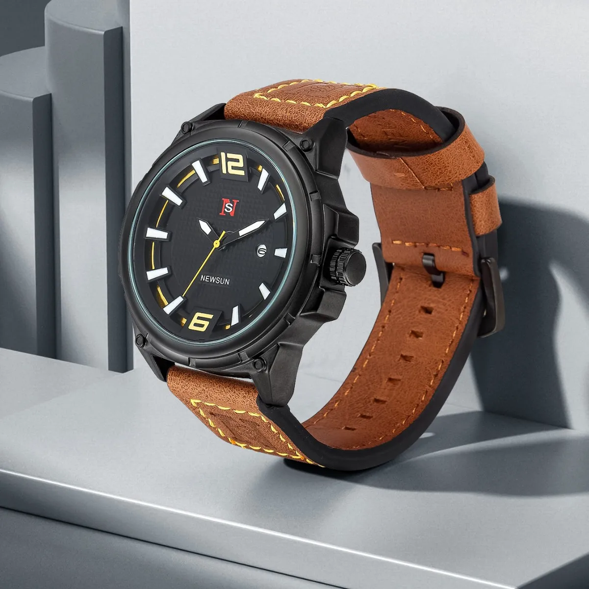 ساعة كوارتز جلدية للرجال الأكثر مبيعًا، قرص كبير مع علامات ساعة ثلاثية الأبعاد لأسلوب العمل العصري #2