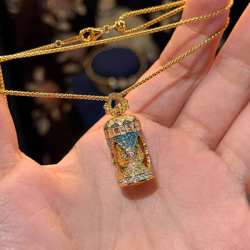 

Vintage enamel colorful necklace ethnic style diamond inlay exquisite stereoscopic relief cameo Buddha pendant banquet jewelry
