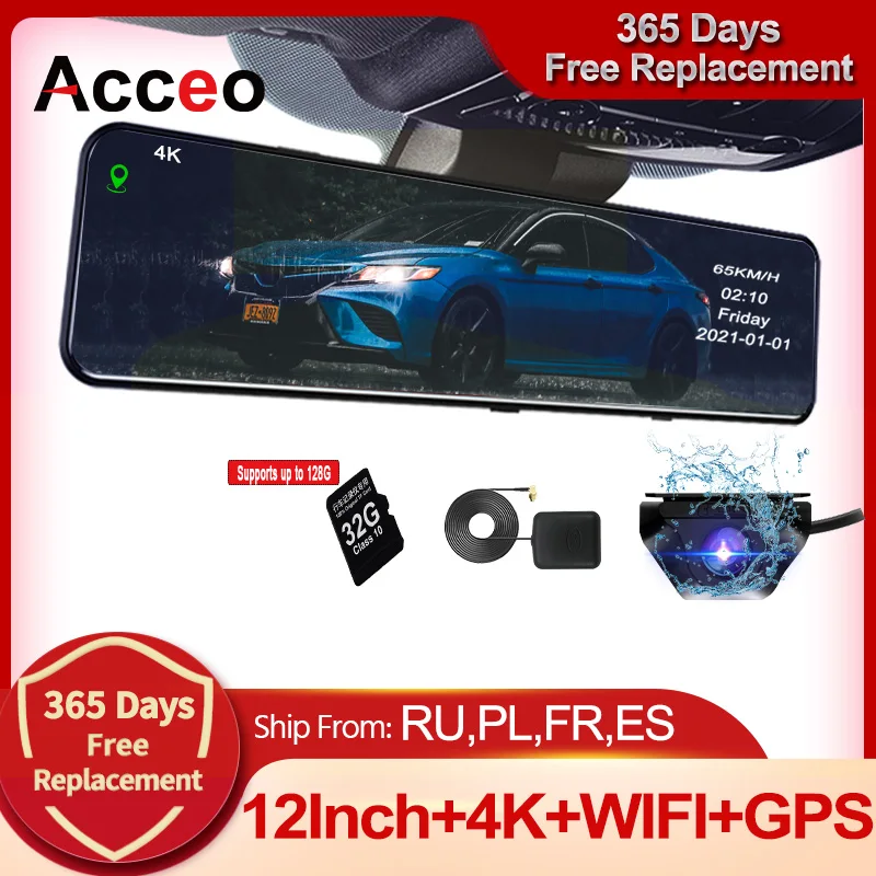 Acceo A45P 4K Car DVR 12 Inch Touch IPS Sony 415 Park RearView Mirror Support Rear View Camera Dashcam Car Camera Video Recorder