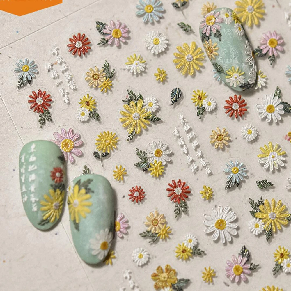 Adesivi per Unghie 5D con Margherite Bianche/Rosa in Rilievo, Decalcomanie Autoadesive Eleganti con Fiori di Margherita