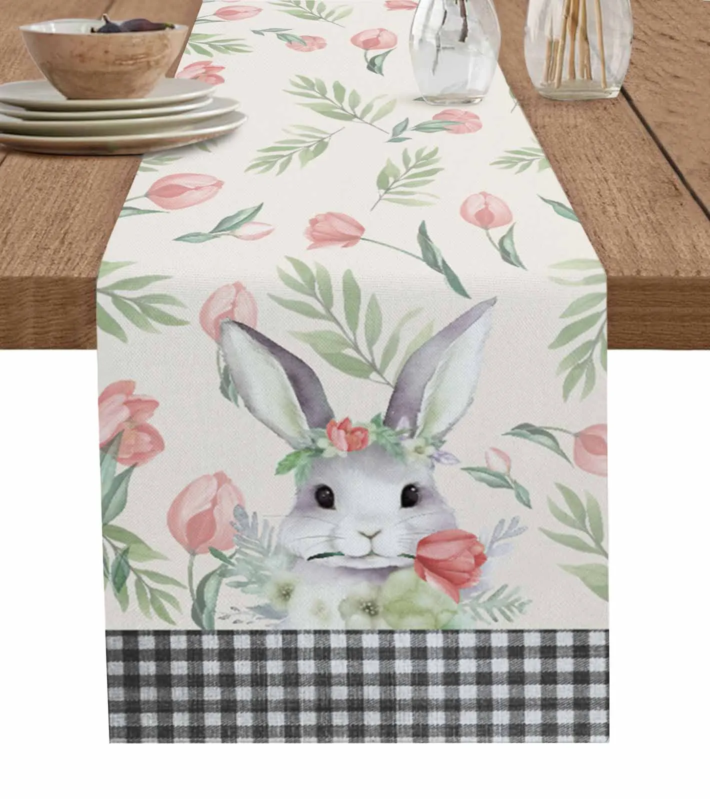 

Rabbit Easter Flower And Plant Leaves Decorations Coffee Table Decor Tablecloth Table Kitchen Decorative Table Runner