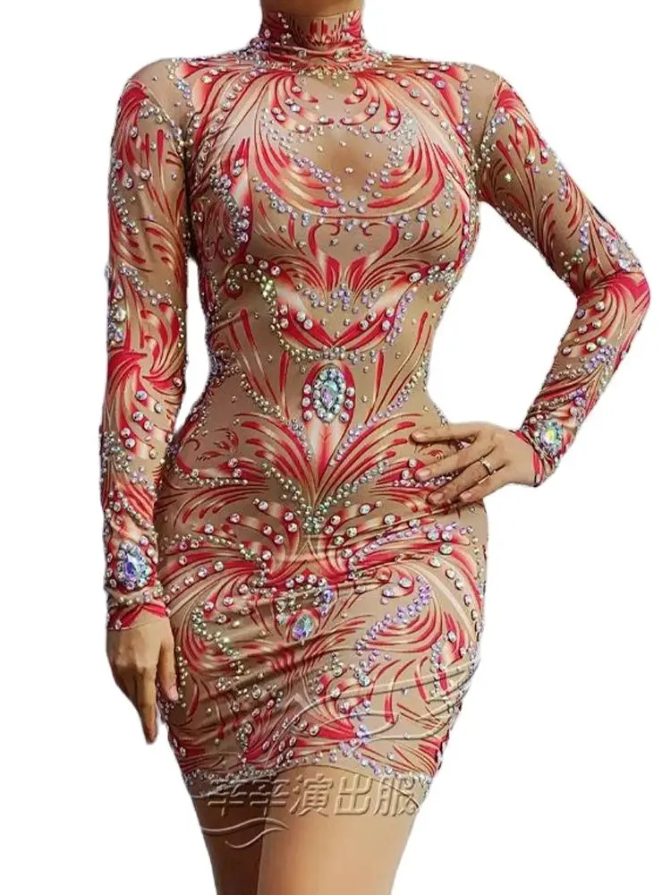 High Quality Printed Hot Diamond Elastic Slim Fit Dress 2024 New Fashion Custom Women'S Clothing