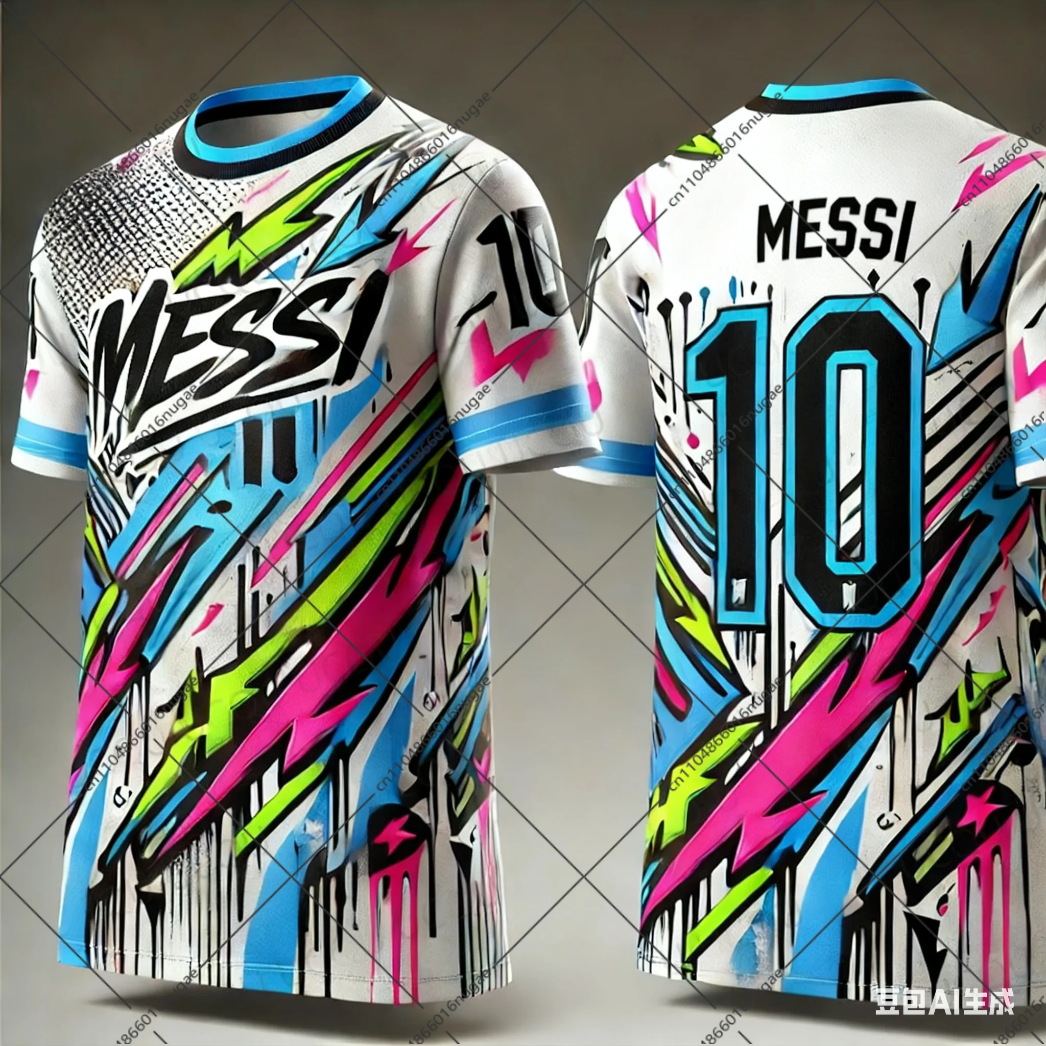 2526 ميسي 10 الكتابة على الجدران AI تصميم كرة القدم جيرسي للأطفال والكبار الشارع نمط قميص كرة القدم الصيف التدريب المحملة طبعة خاصة مروحة #2