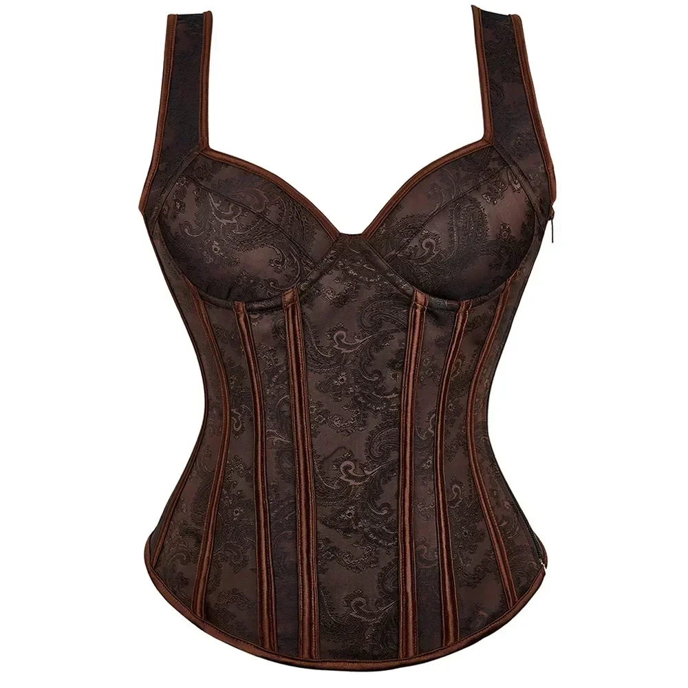 Vintage Jacquard Corset Top With Straps Bra Cup Push Up Women Corsets Lace-Up Sexy Overbust Gothic Steampunk Bustiers Vest