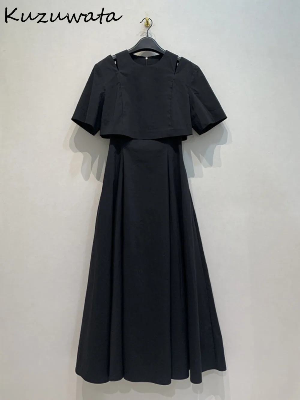 Kuzuwata New O Neck Half Sleeve Ruched Dress High Waist Loose Off Shoulder Slim Fit Robe Japan Fake Two Pieces Casual Vestidos