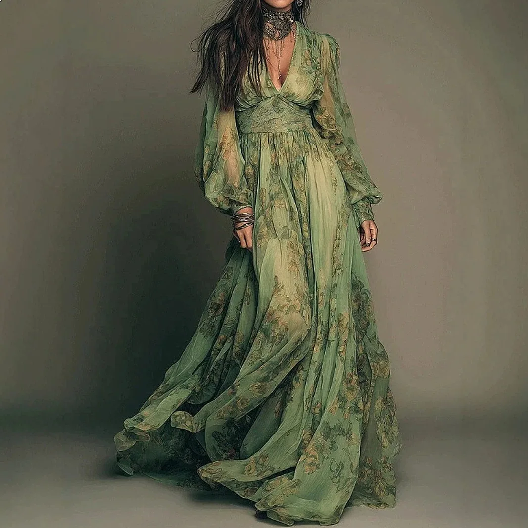 Bohemian Floral Print V Neck Long Sleeve Dress Dresses Spring Summer Maxi Overall Jumpsuit Playsuit