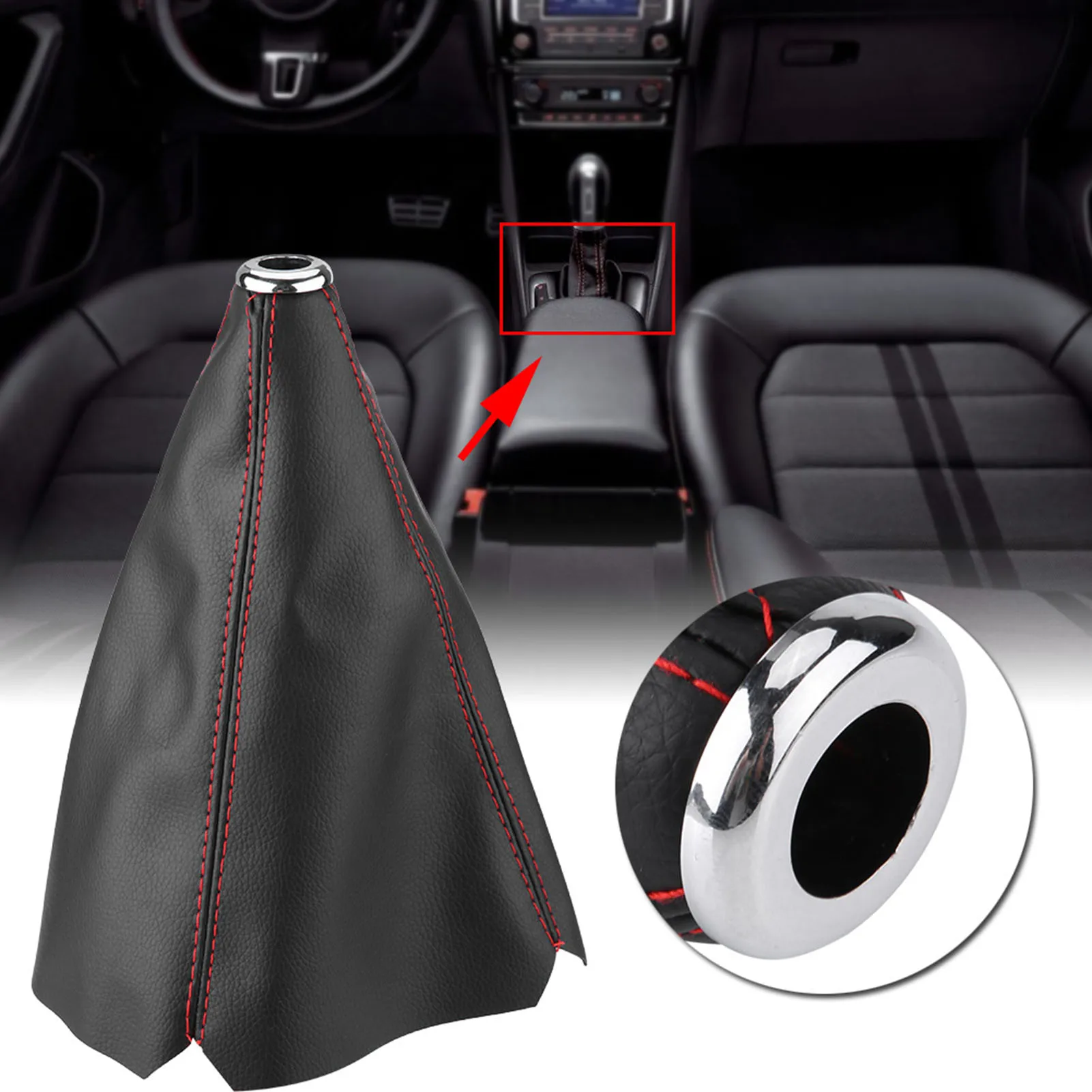 Universal Bright Black PU Leather Gear Shift Knob Cover Red Stitch Gear Gaiter Boot Cover