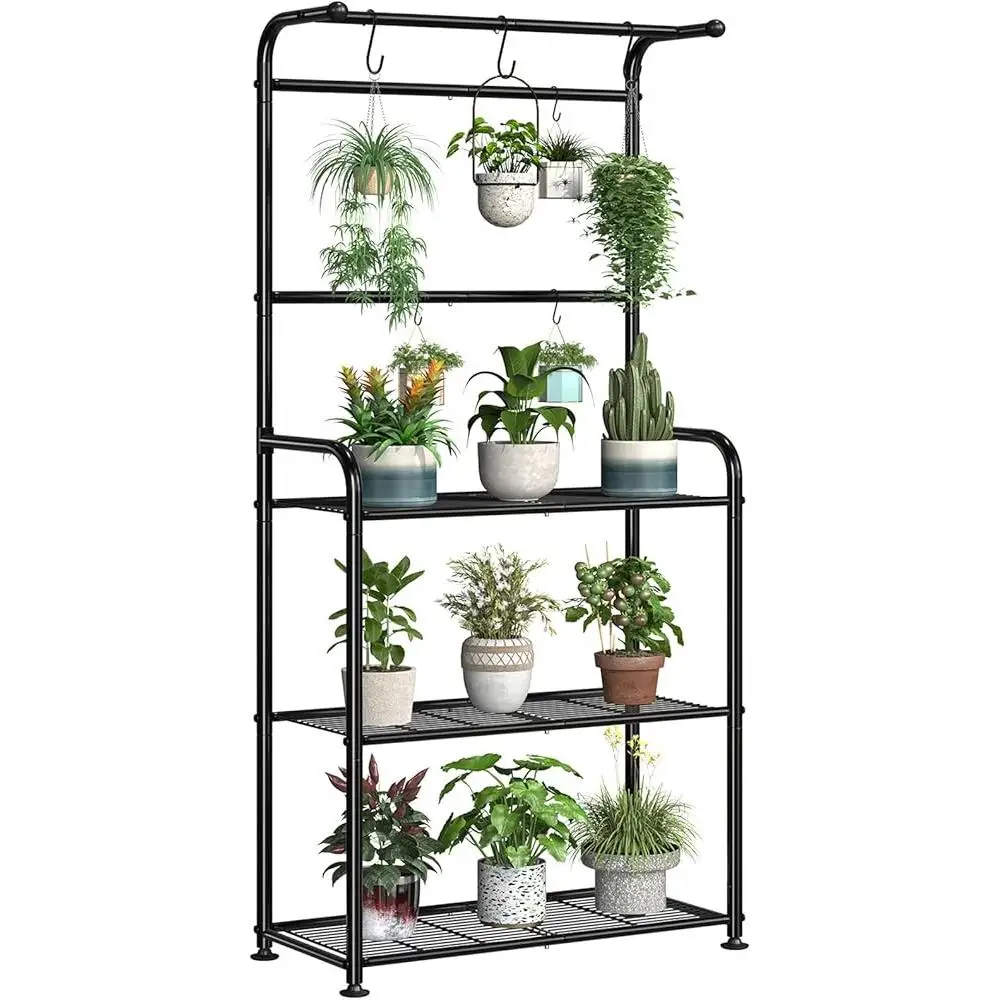 Heavy Duty Metal Plant Stand Indoor Outdoor 3 Tiered Tall Shelf Flower Planter Rack Adjustable Feet Hooks Storage Organizer