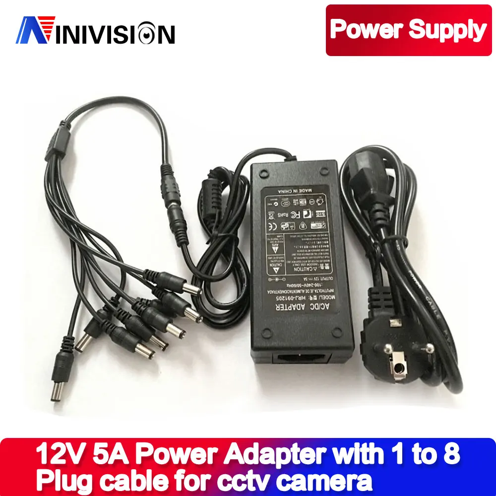 NINIVISION 12V 5A 8CH Power Supply CCTV Camera Power Box 8 Port DC+Pigtail COAT DC 12V Power Adapter