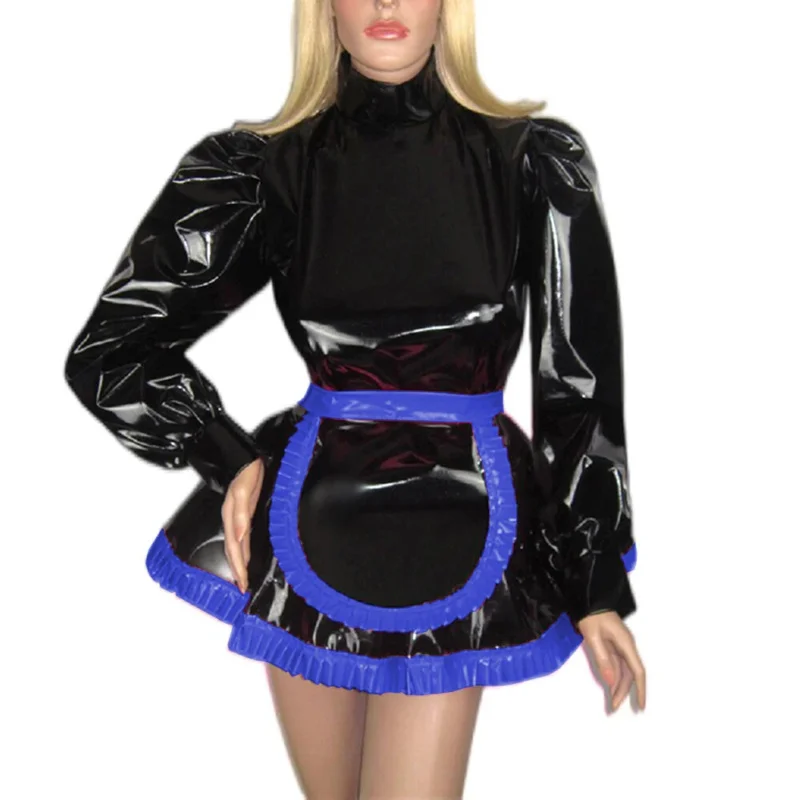 Men Men Sissy PVC Maid Flared Dress with Apron Puff Long Night High Neck Maid Dress Sexy Shini Faux Latex Maid Servant Uniform M