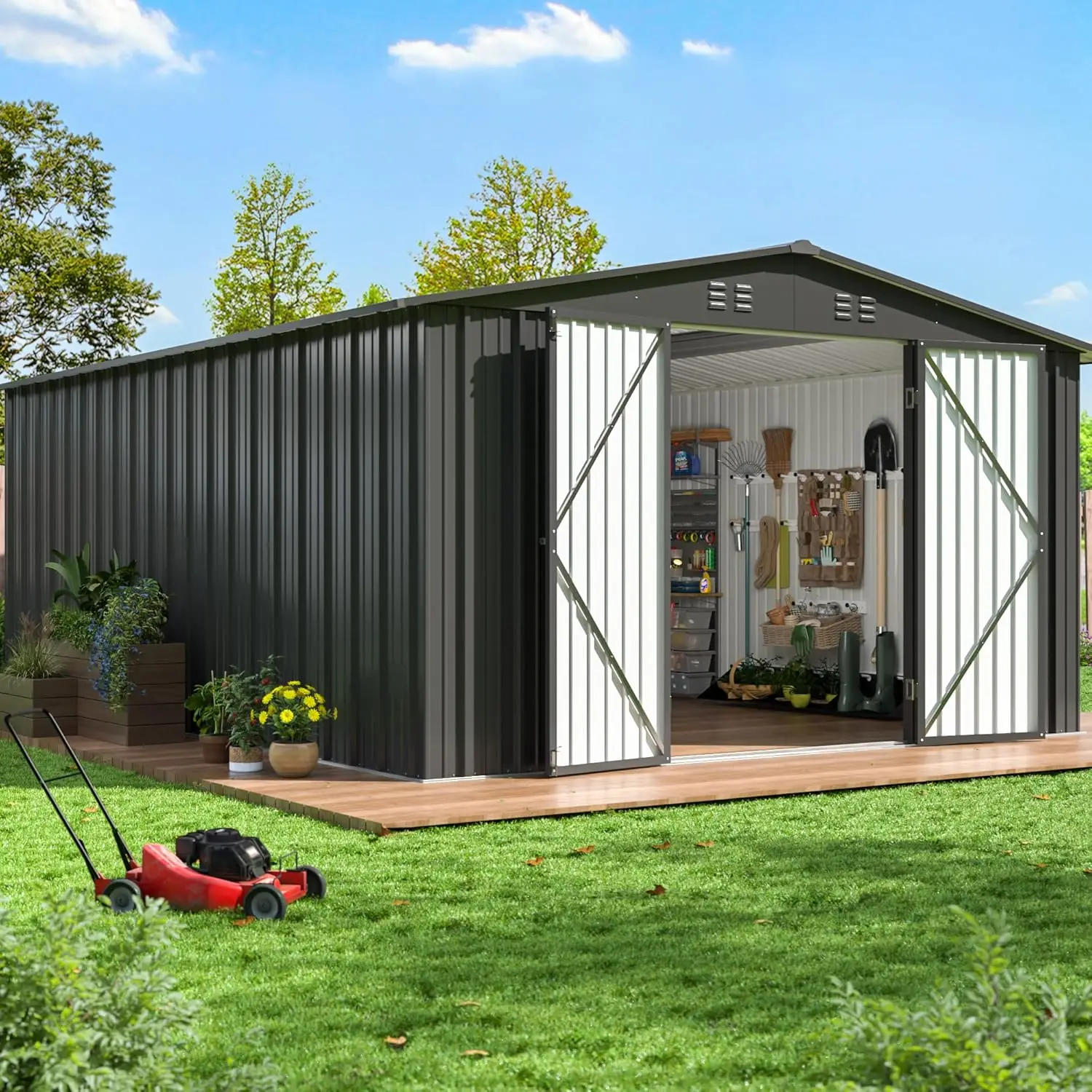 

14x12 FT Outdoor Storage Shed Metal Garden Tool Shed Updated Frame Lockable Doors Backyard Patio Lawn, Customized