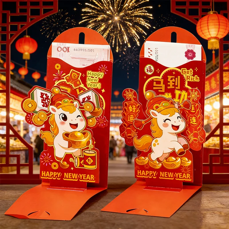 

Красные конверты 2026 года Года Лошади, китайские новогодние конверты Хунбао, кармашки для денег на удачу, подарок к Весеннему фестивалю, традиционные красные конверты