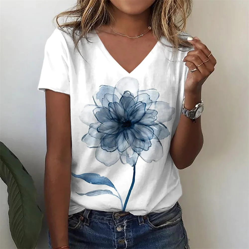 Summer Casual Loose Women's Abstract Floral Painting T Shirt Graphic Print V Neck Basic Top Fashion 3d Print Plus Size Clothing