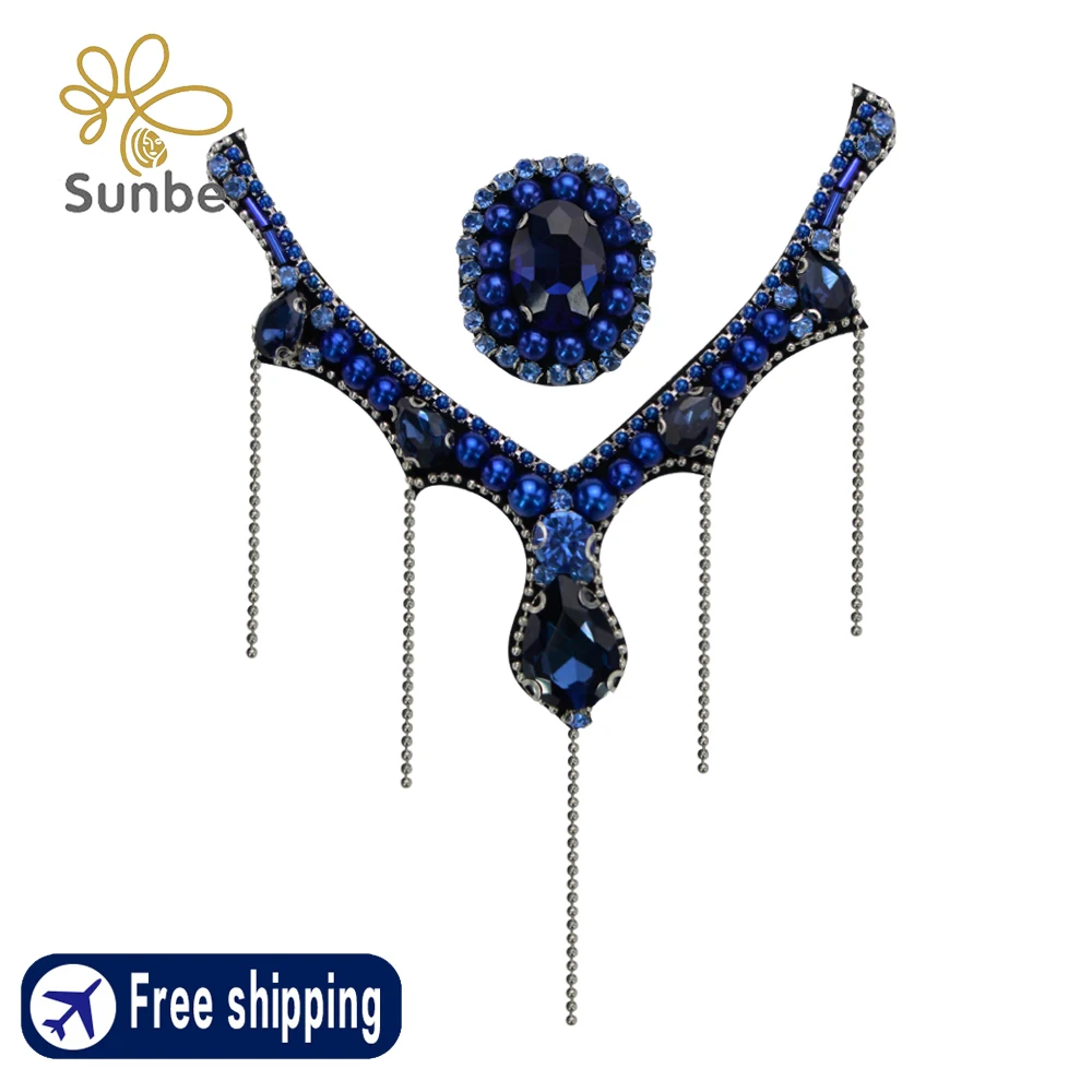 Dark blue Rhinestone Neckline Decoration Beadwork Patches Beading Crystal Patches Sew on Patch