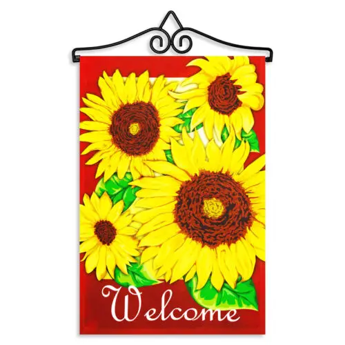 Garden Flag Welcome 4 Sunflowers Red BG 12x18IN & Hanger 14IN Printed Poly