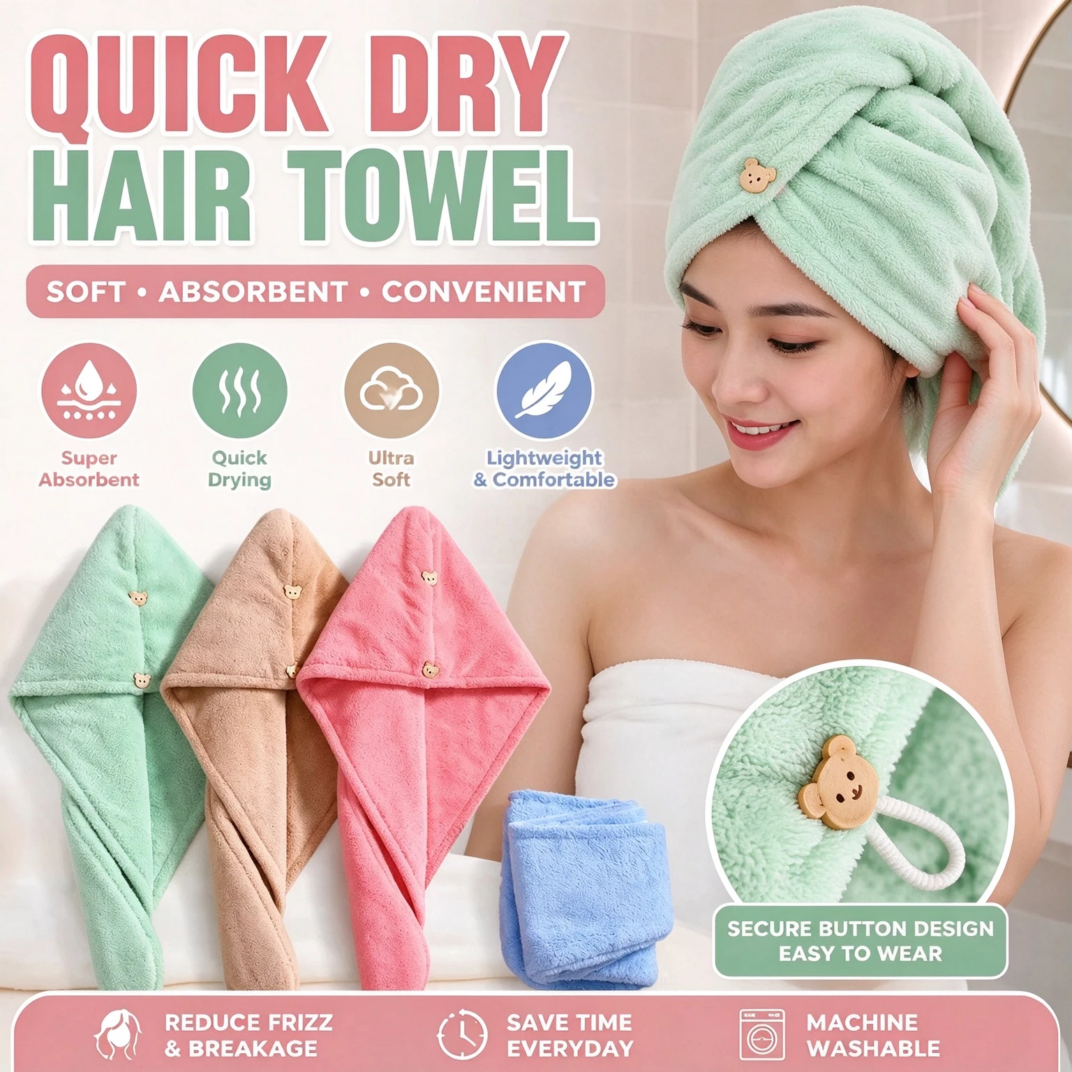 Quick Dry Hair Microfiber Towel Bathroom Accessories Nursing Cap with Buckle Quick Drying Sauna Spa Towel