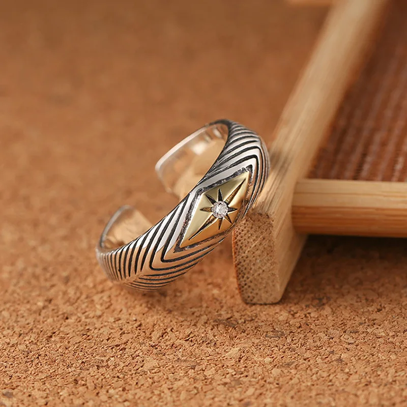 Men Retro Starburst Ring Trendy Personality Imitation Thai Silver Open Band Simple Striped Star Index Finger Ring