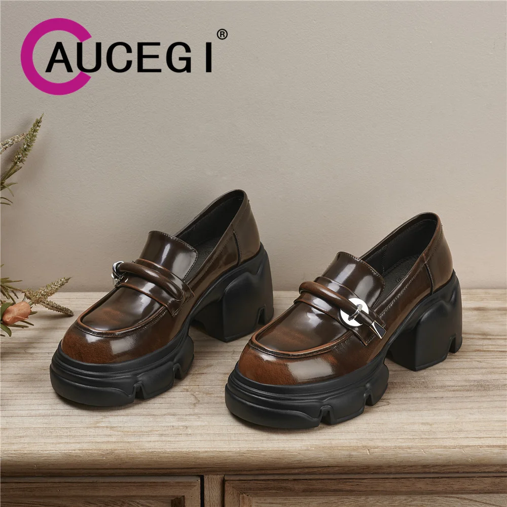 

Aucegi British Style Women Loafers Real Leather Platform Thick Heels Pumps Black Brown Spring Fashion Round Toe Casual Footwear