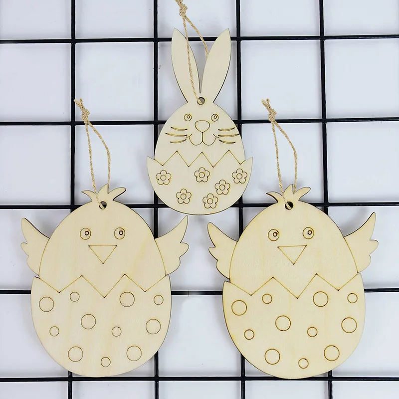 

10pcs Easter Wooden Eggs Pendant Multi Type Wood Slices Hanging Ornaments Happy Easter Home Party DIY Painting Decoration supply
