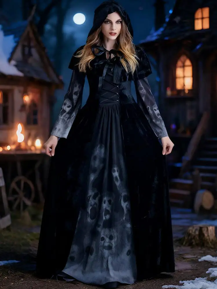 Gonna da strega gotica Sle loween Diavolo Mantello con cappuccio Abito magico Costume da donna Demone Giacca a vento Primavera Faion