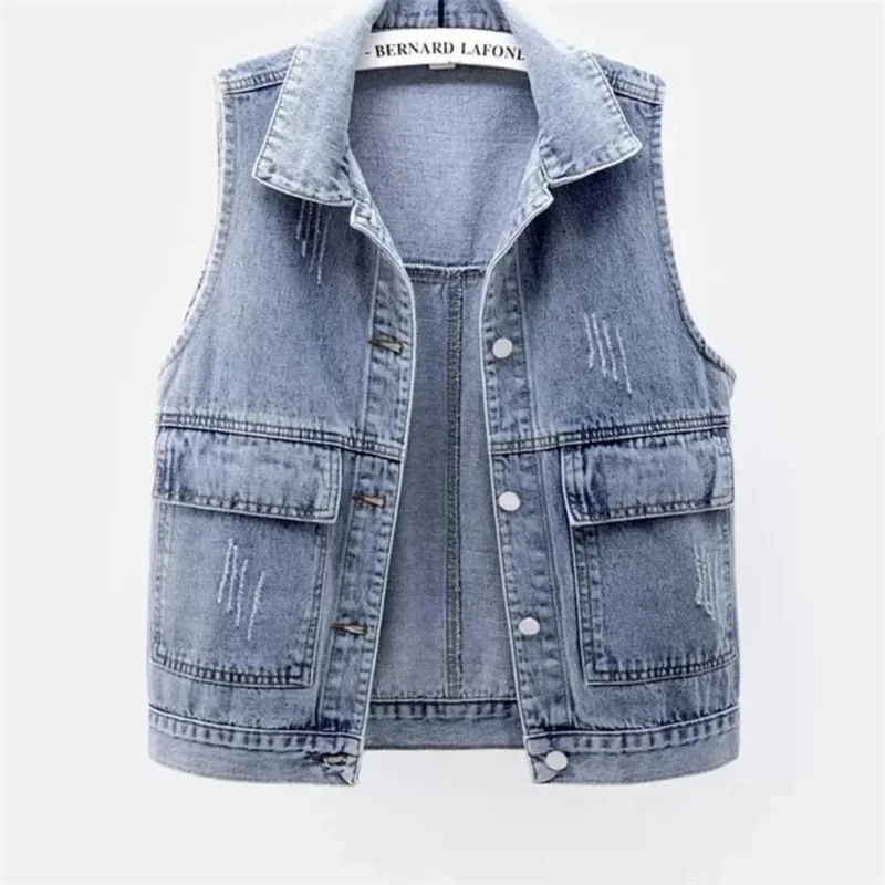 Veste courte en denim émaillé pour femme, gilet de cow-boy simple, manteau de fibre à grandes poches, haut femme, printemps, été, nouveau, 2024