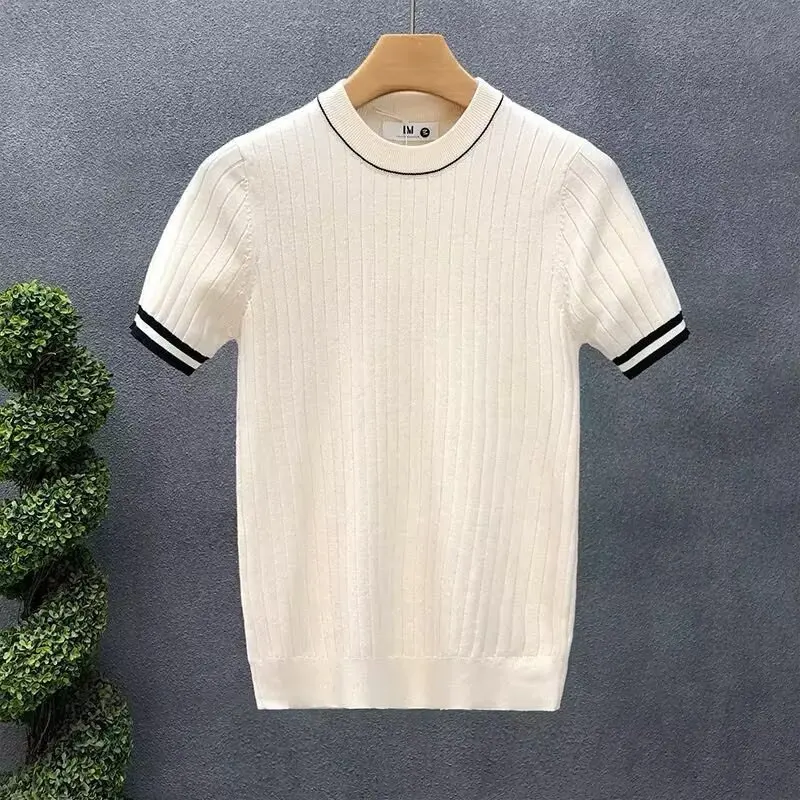 

Вязаный свитер с короткими рукавами, мужской легкий тонкий пуловер с цветными блоками и облегающим модным трикотажем в корейском стиле, мужской свитер