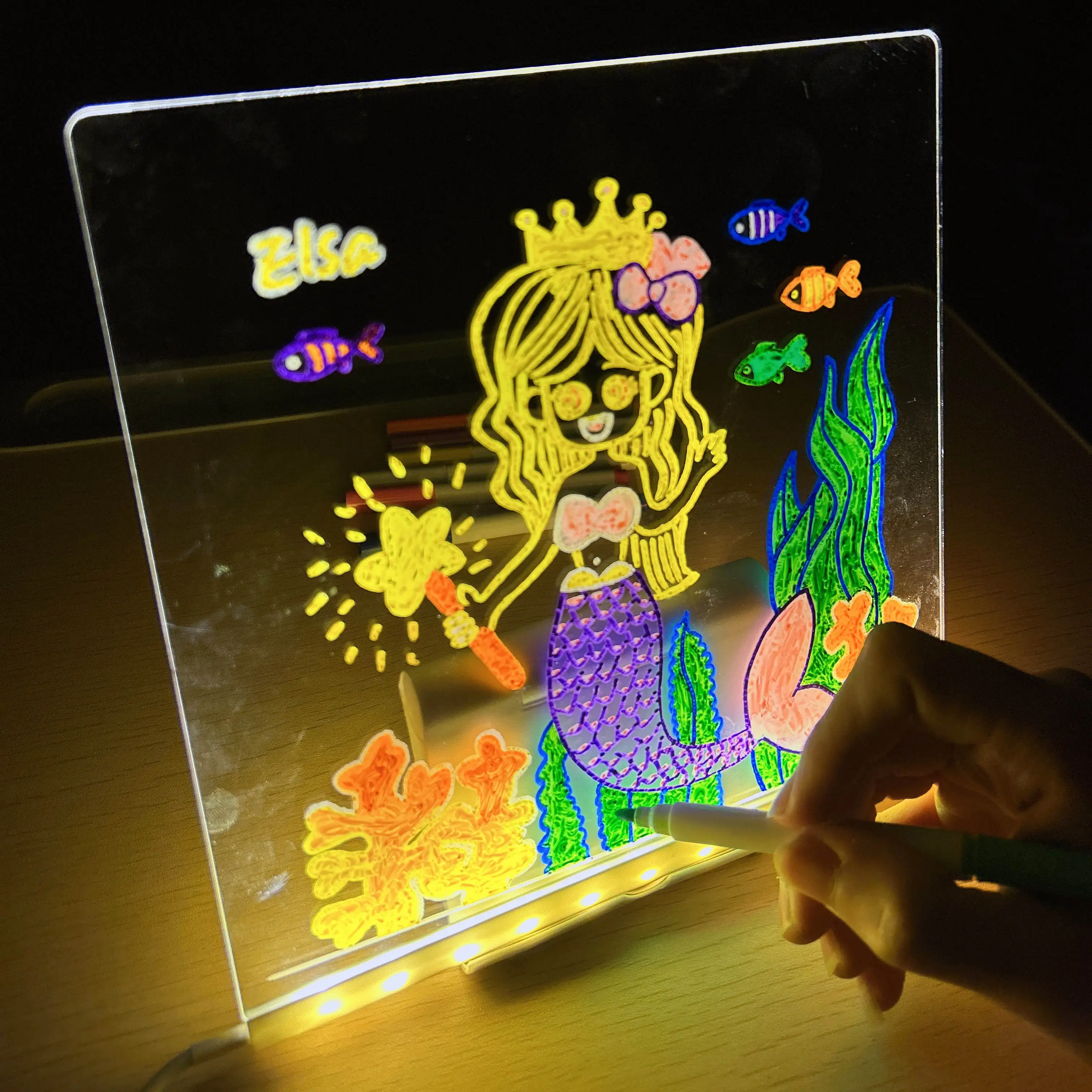 LED Luminous Drawing Board Toys Night Light Message Note Board Acrylic Draw Board with 7 Colorful Pens Erasable Writing for Kids