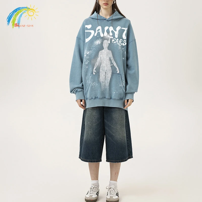 

Crack Character Letters Logo Print Saint Tears Hoodie Men Women Vintage Washed Black Blue Pullovers High Quality Casual Hooded