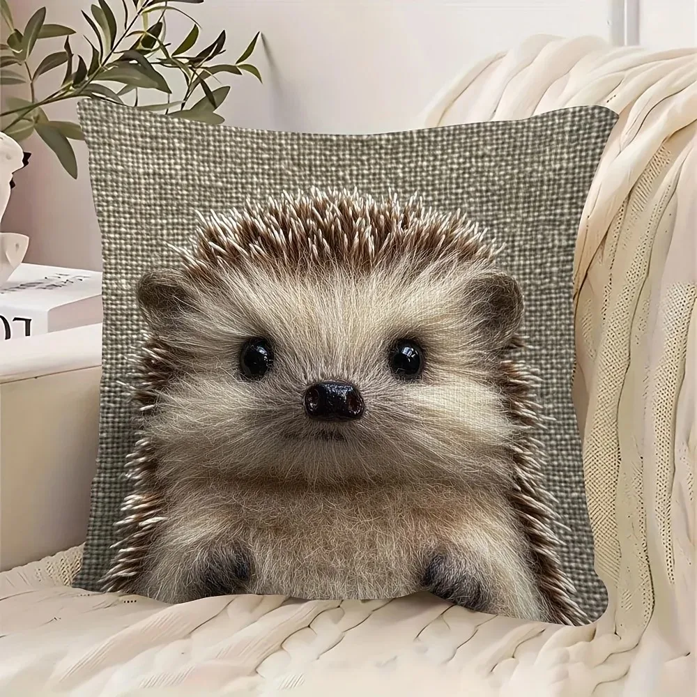 Cute Little Hedgehog Cushion Cover 2D Flat Printed Peach Skin Pillowcase Realistic Animal For Living Room Sofa Couch Decor