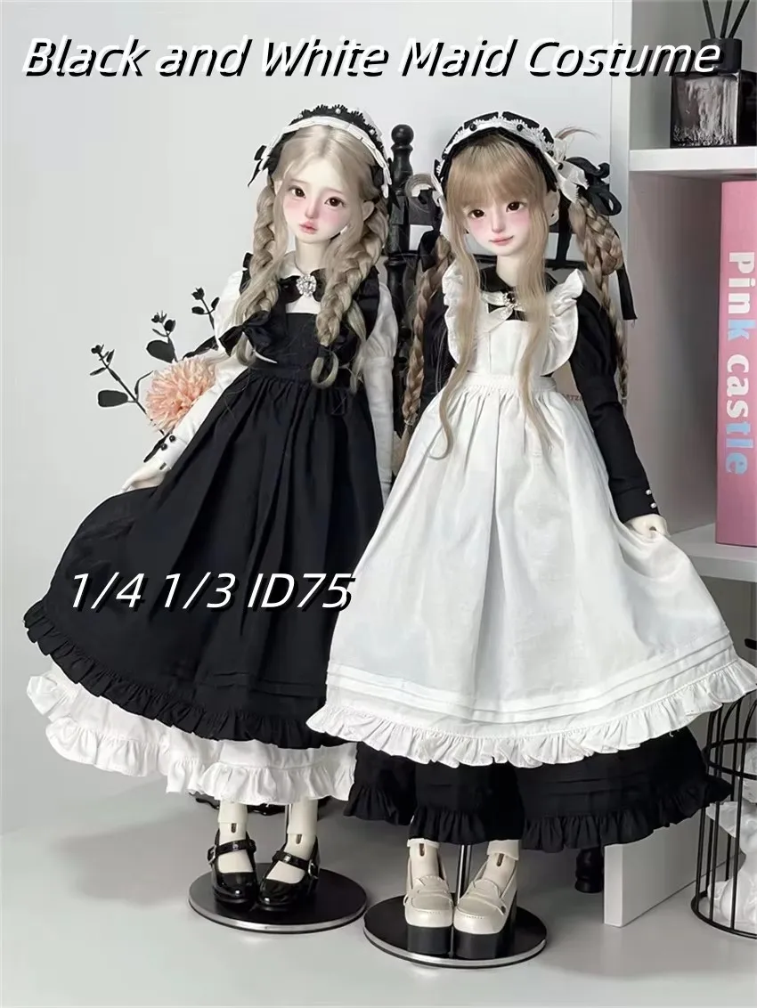 Maid Uniform Costume Spot Inventory 1/3 1/4 ID75 BJD Doll Unisex Dress Slender Waist Black White 5-piece Sets Doll Accessories