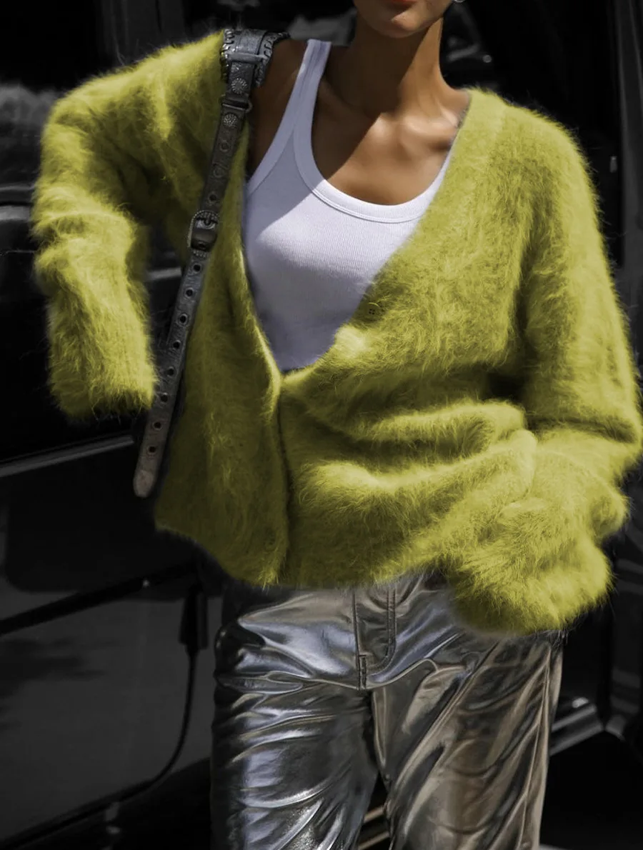 

Women's Faux Mink Cardigan Soft Long Sleeve Knit Sweater Loose Fit Lazy Style Fuzzy Sweater Coat Outerwear