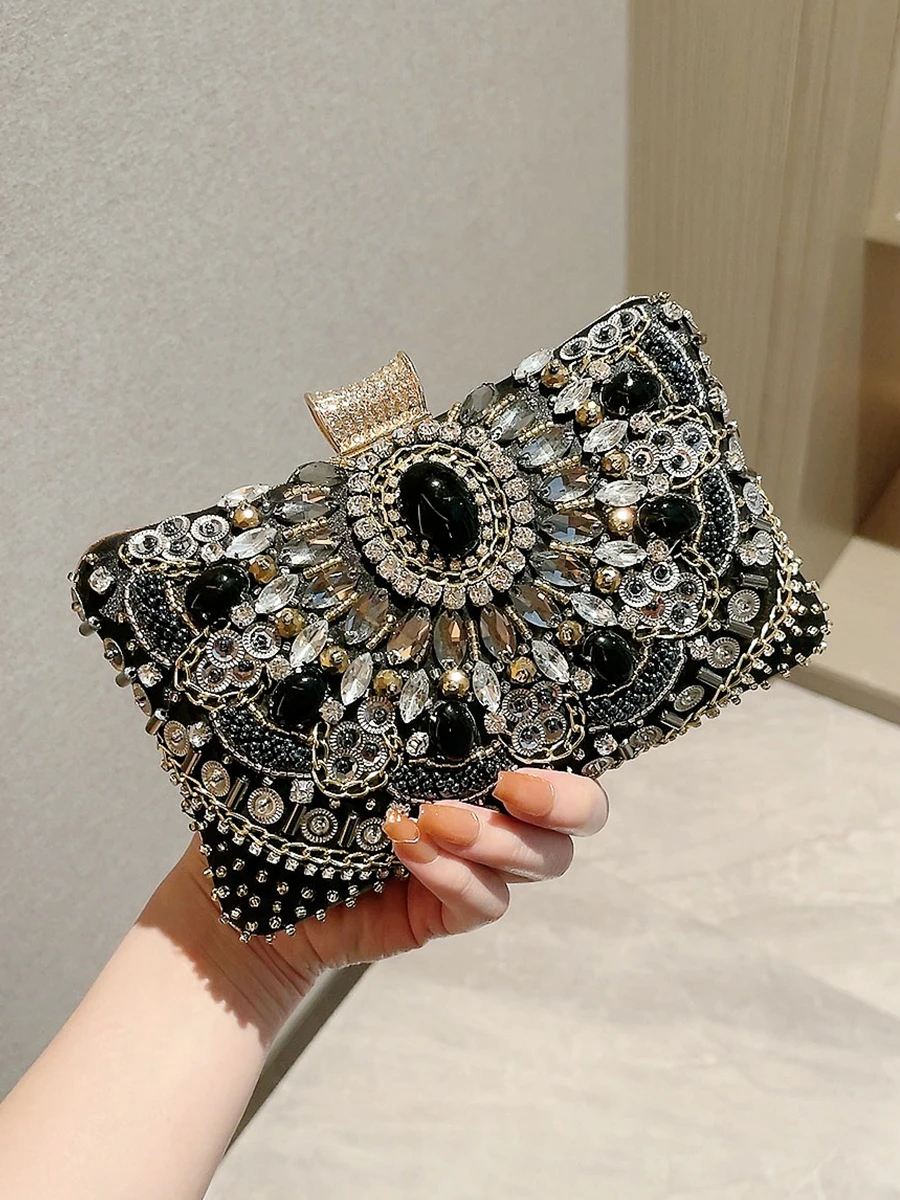 Beaded Rhinestone Evening Bag Elegant Box Clutch Purse Women\'s Wedding Handbags For Party Prom