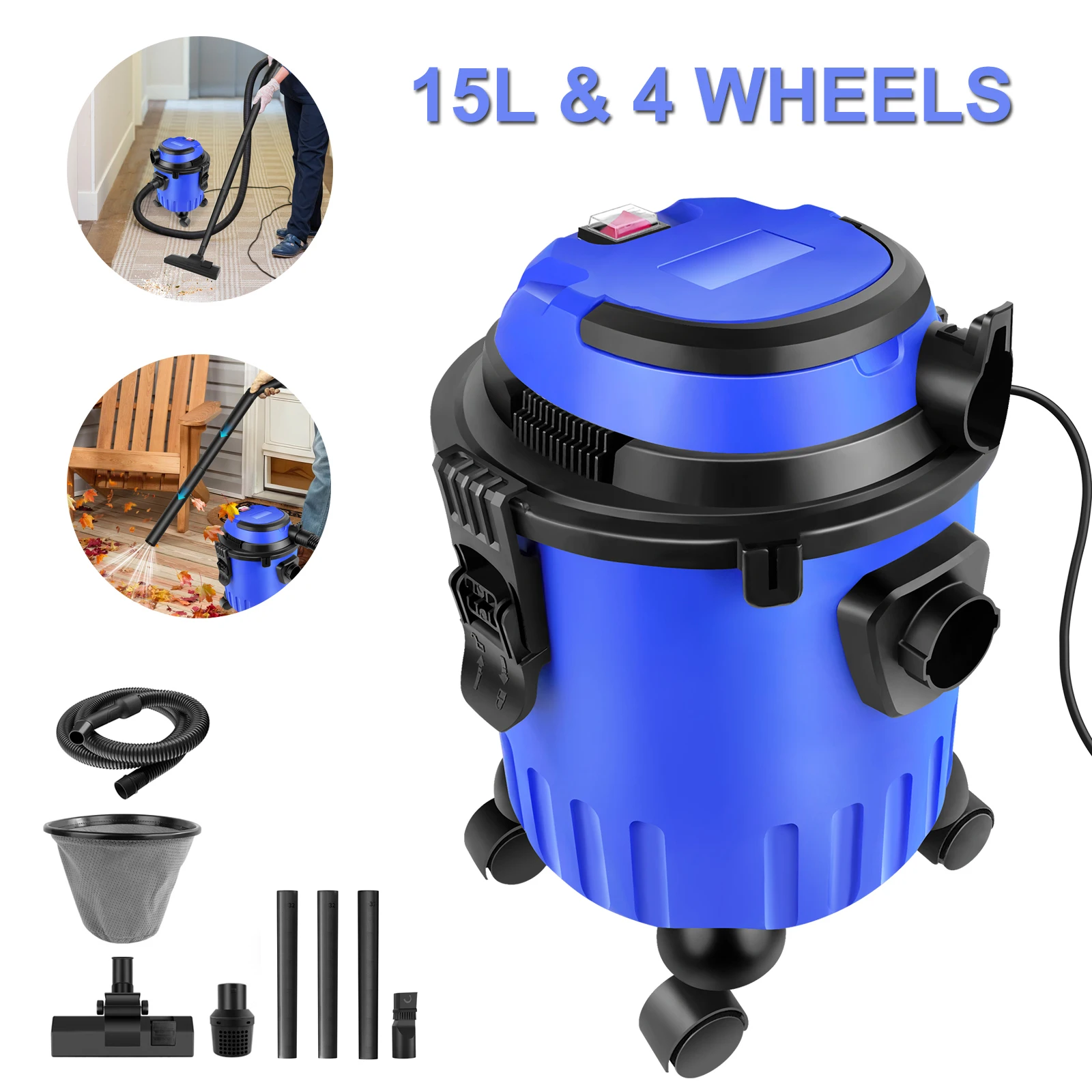 3-IN-1 Industrie-Nass-Trockensauger Hoover, 19 kPa leistungsstarke Saugkraft ohne Beutel, 15 l Fassungsvermögen, 4 Lenkrollen, Blasfunktion